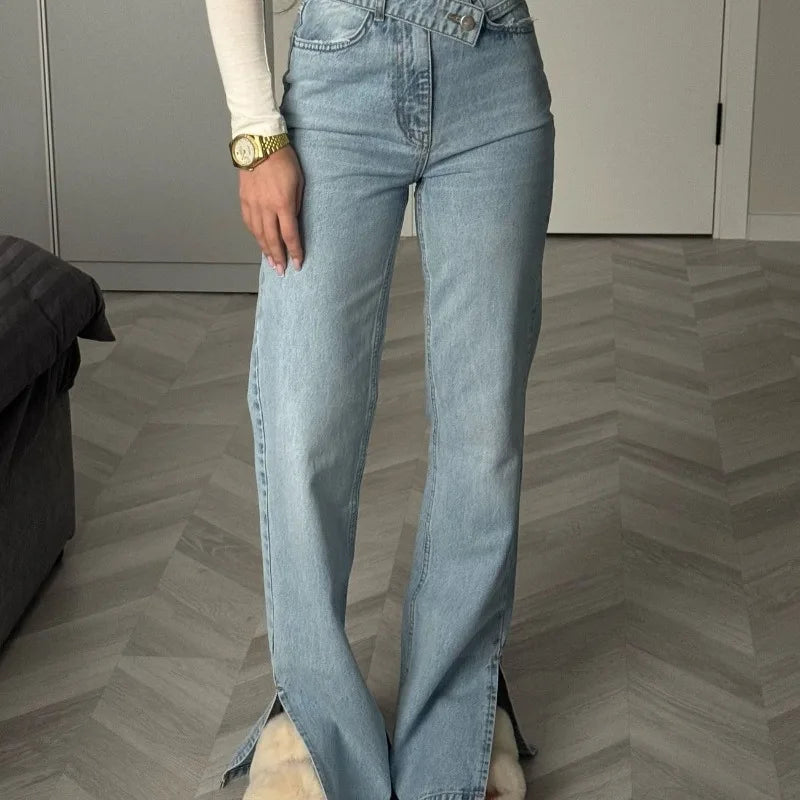 Dislocation Design High Waist Split Jeans Straight Trousers