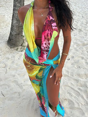 Weird Puss Colorful Leopard 2 Piece Set Y2K Beach Vacation Halter Tank Tops+Wrapped Maxi Skirts Matching Vacation Clubwear