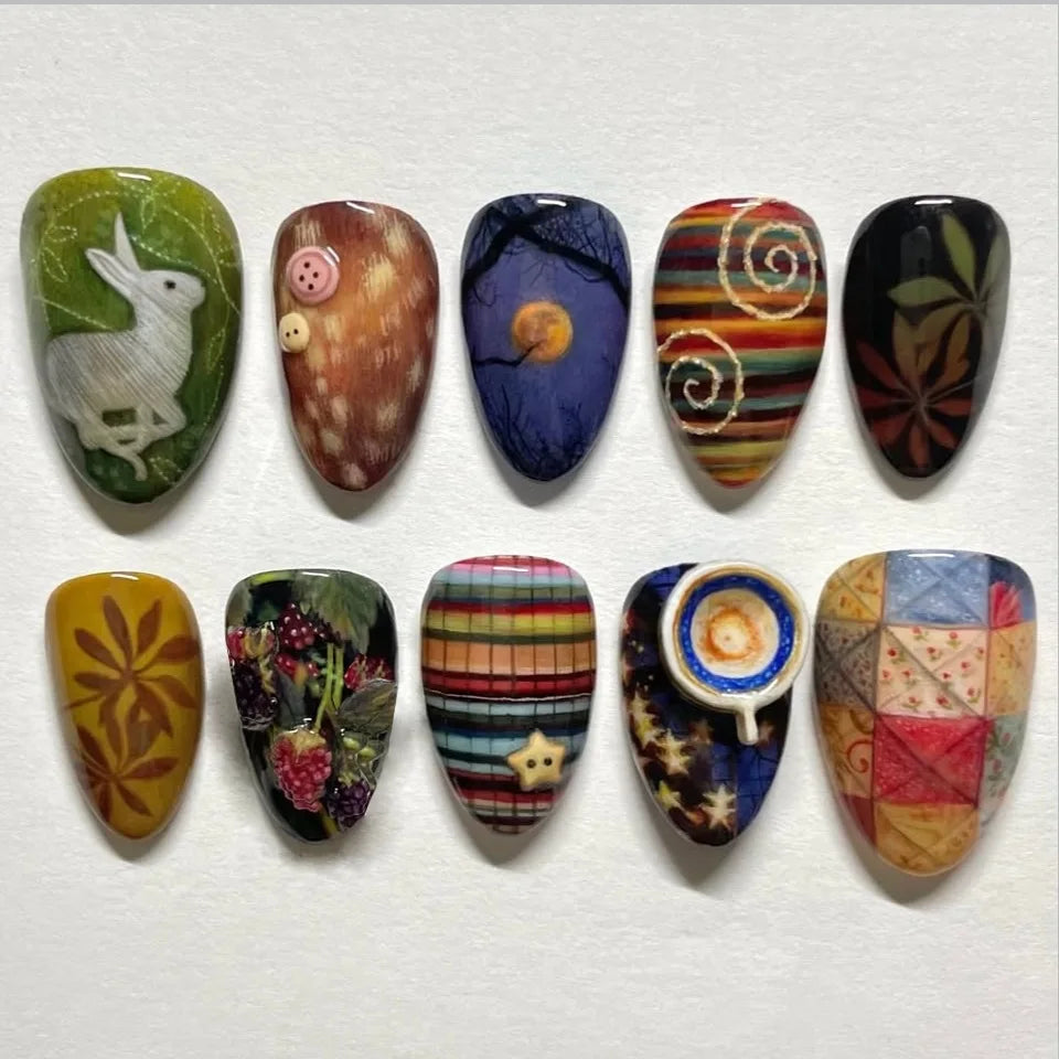 24pcs Flower Print Press on Nails Wine Red Blush Almond False Nail Tips Wearable Reusable Spicy Girl Fake Nails