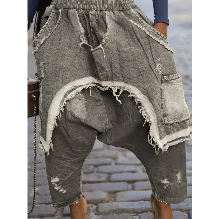 Jeans Harem Pants Hip Hop Punk Denim Pant Hole Elastic Waist Washed Distressed Pockets Streetwear Ripped Trousers