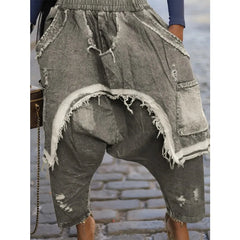 Jeans Harem Pants Hip Hop Punk Denim Pant Hole Elastic Waist Washed Distressed Pockets Streetwear Ripped Trousers