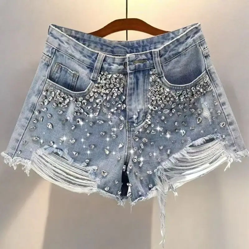 Y2K Distressed Diamond Tassel Blue Short Jeans Ripped Loose Wide Leg Denim Shorts Korean Casual Shorts