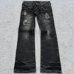Y2K Washed Jeans Gothic Retro Micro Flared Double Waisted Lace Up Pants Streetwear Design Sense Trousers