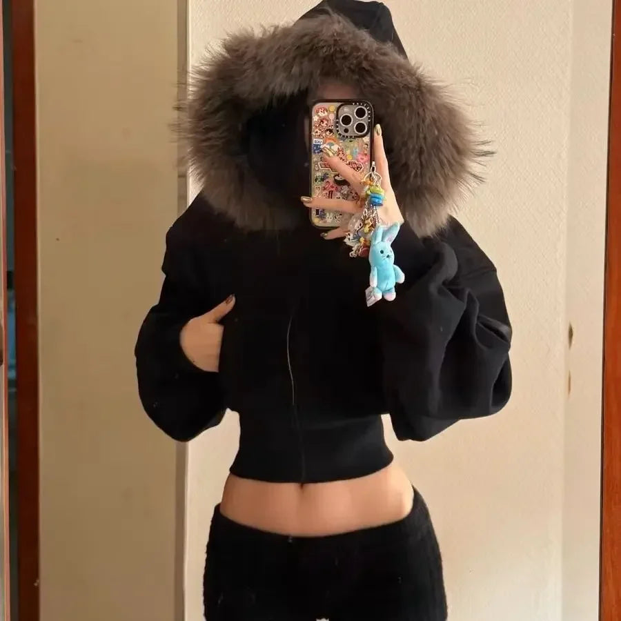 Black Fur Collar Zipper Sweatshirt Simple Furry Collar Zipper Hooded Sweatshirt Vintage Y2k Zipper Hooded Sweatshirt