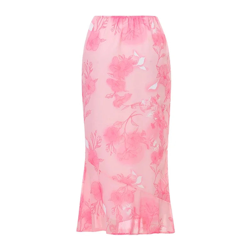 Floral Long Skirts Low Waist Chiffon Flowy Straight Skirt Fall Bohemian Casual Retro Skirts