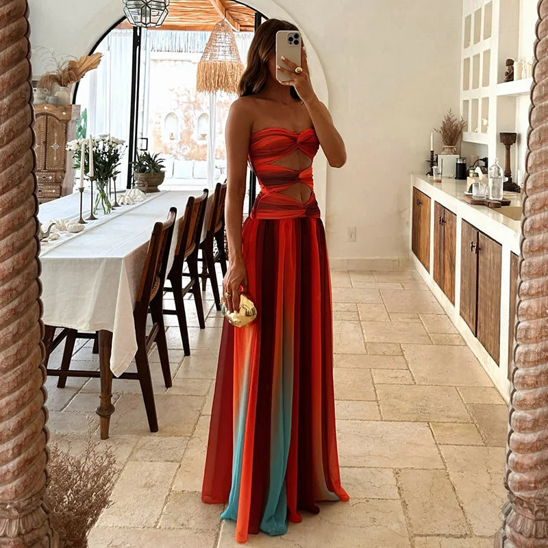 Tie-dye Gradient Hollow Out Maxi Dress Elegant Off Shoulder A-line Hem Long Dresses Holiday Robes