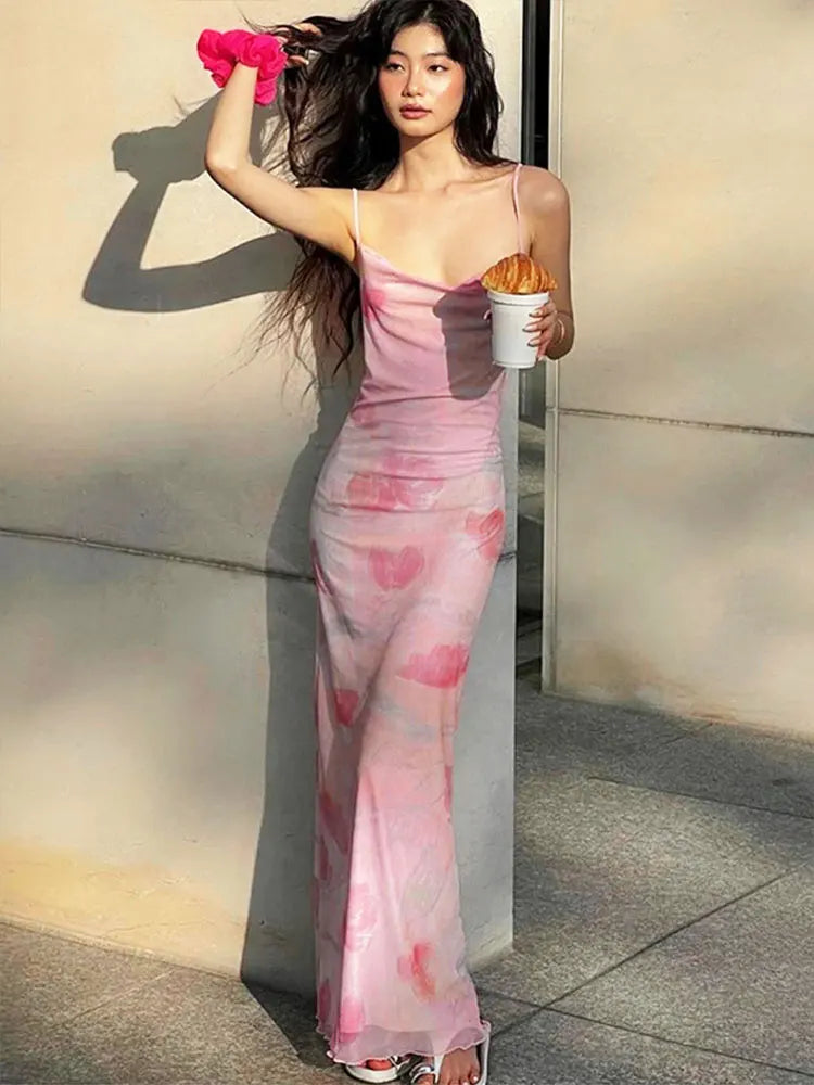 Pink Sweet Dresses Mesh Dresses Streetwear Print Dress Sleeveless V-Neck Elegant Knitted Clothing