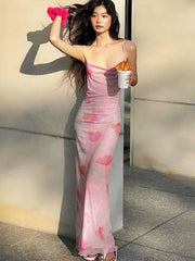 Pink Sweet Dresses Mesh Dresses Streetwear Print Dress Sleeveless V-Neck Elegant Knitted Clothing