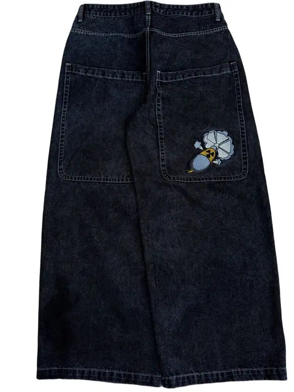 Gothic Cross Print Black Denim Baggy Pants Mid Waist Big Pocket Design Loose Fit Hip Hop Streetwear Jeans