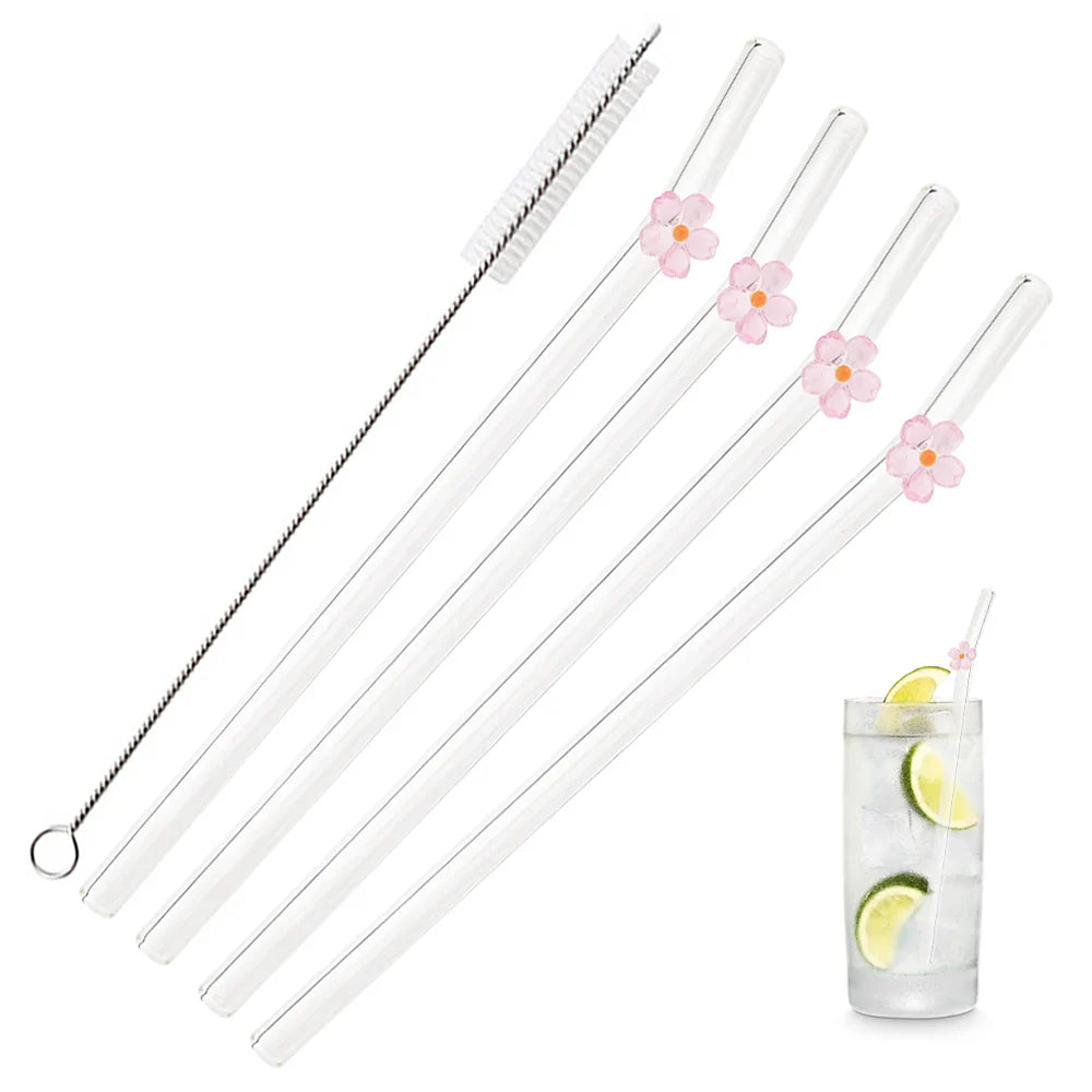 5Pcs 8mm Glass Straw Reusable Drinking Straws Cute Flower Heat-Resistant Straw