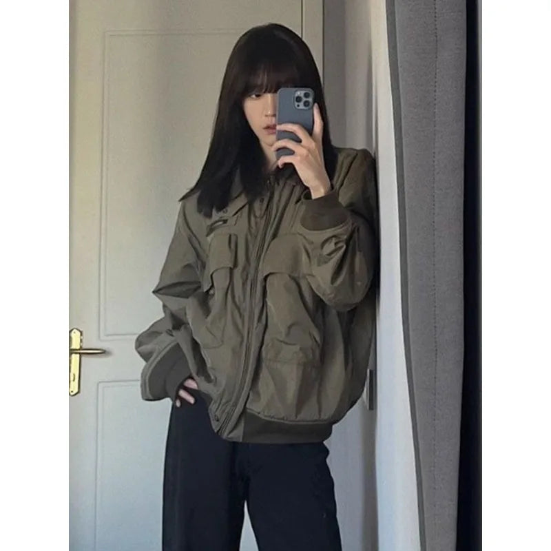 Retro American Short Coat Long Sleeve Casual Safari Style Japanese Y2k Bomber Jacket Pure Color Jacket Chic Tops