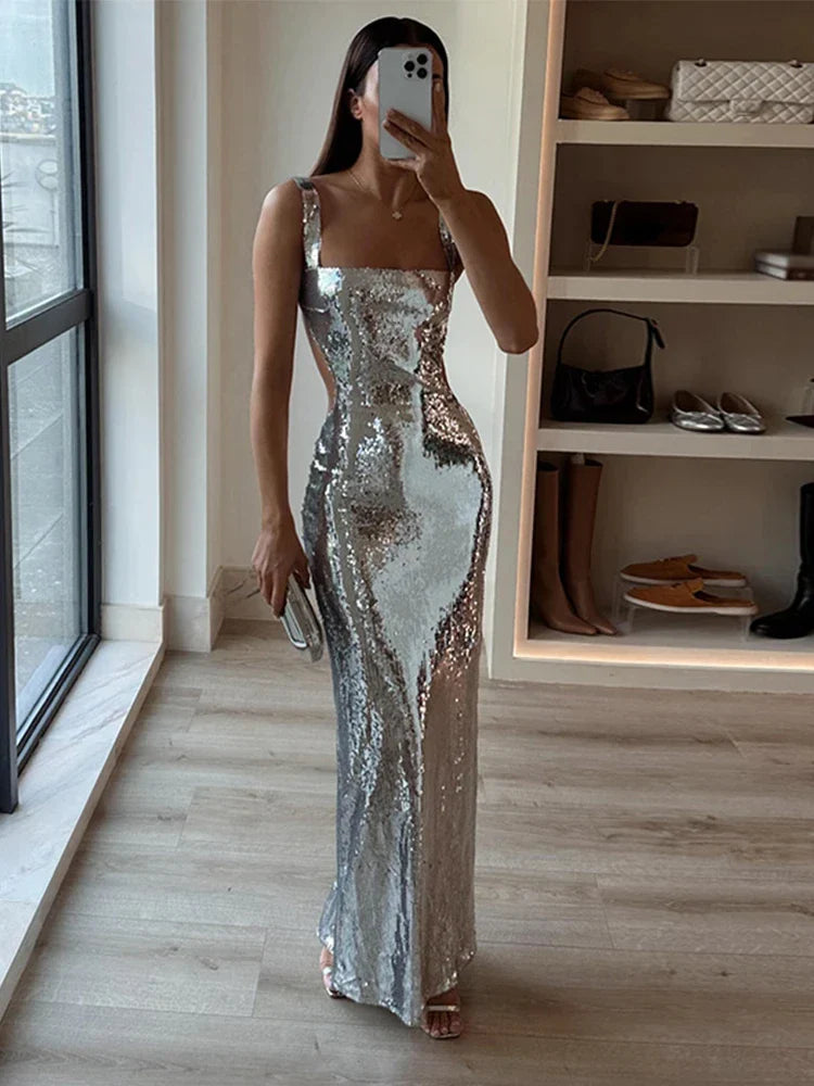 Sling Backless Silvery Maxi Dress