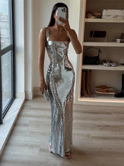 Sling Backless Silvery Maxi Dress
