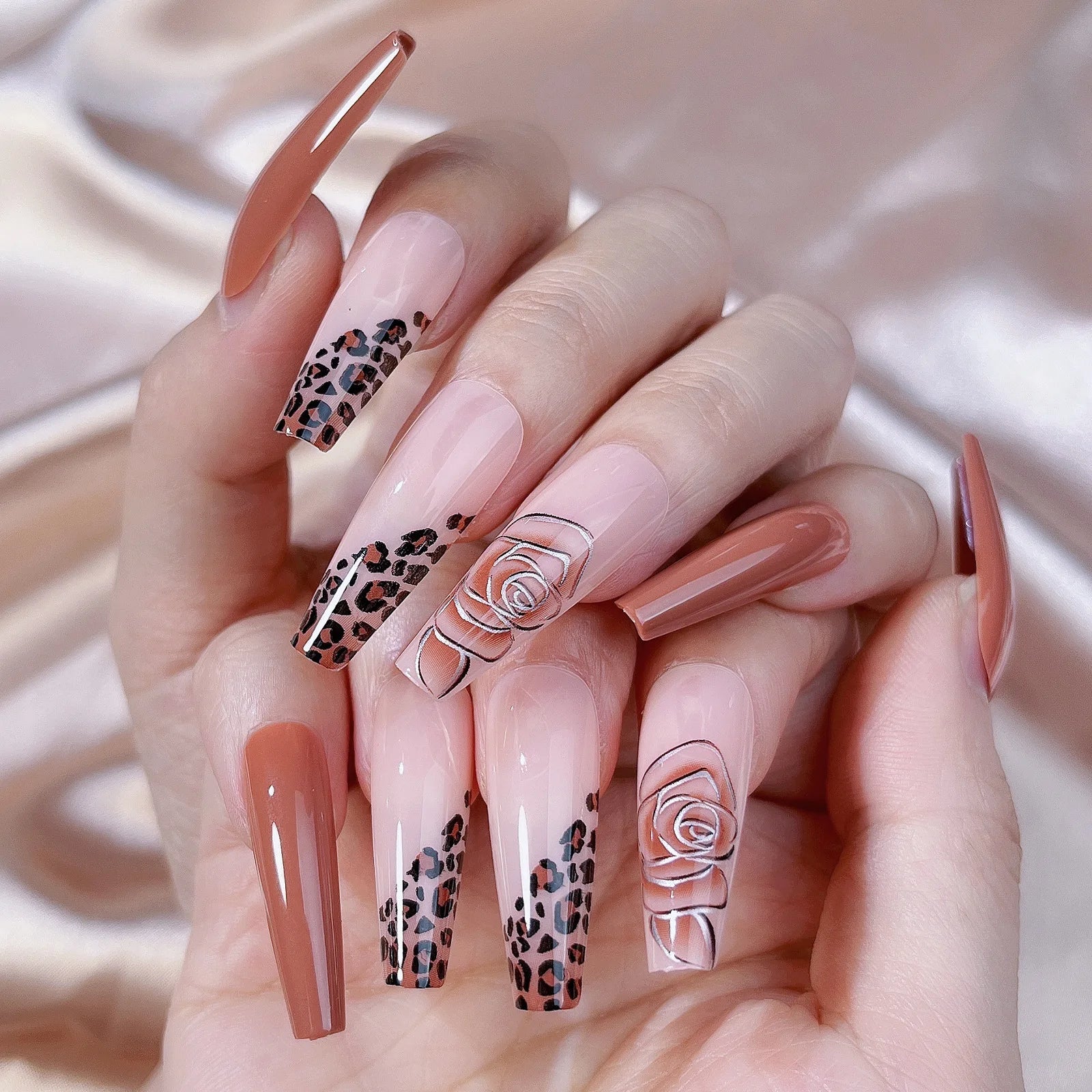 24Pcs Long Coffin Leopard Print False Nails with Glue Sweet Cool Diamond Fake Nail Set Floral French Press on Wearable Nail Tips
