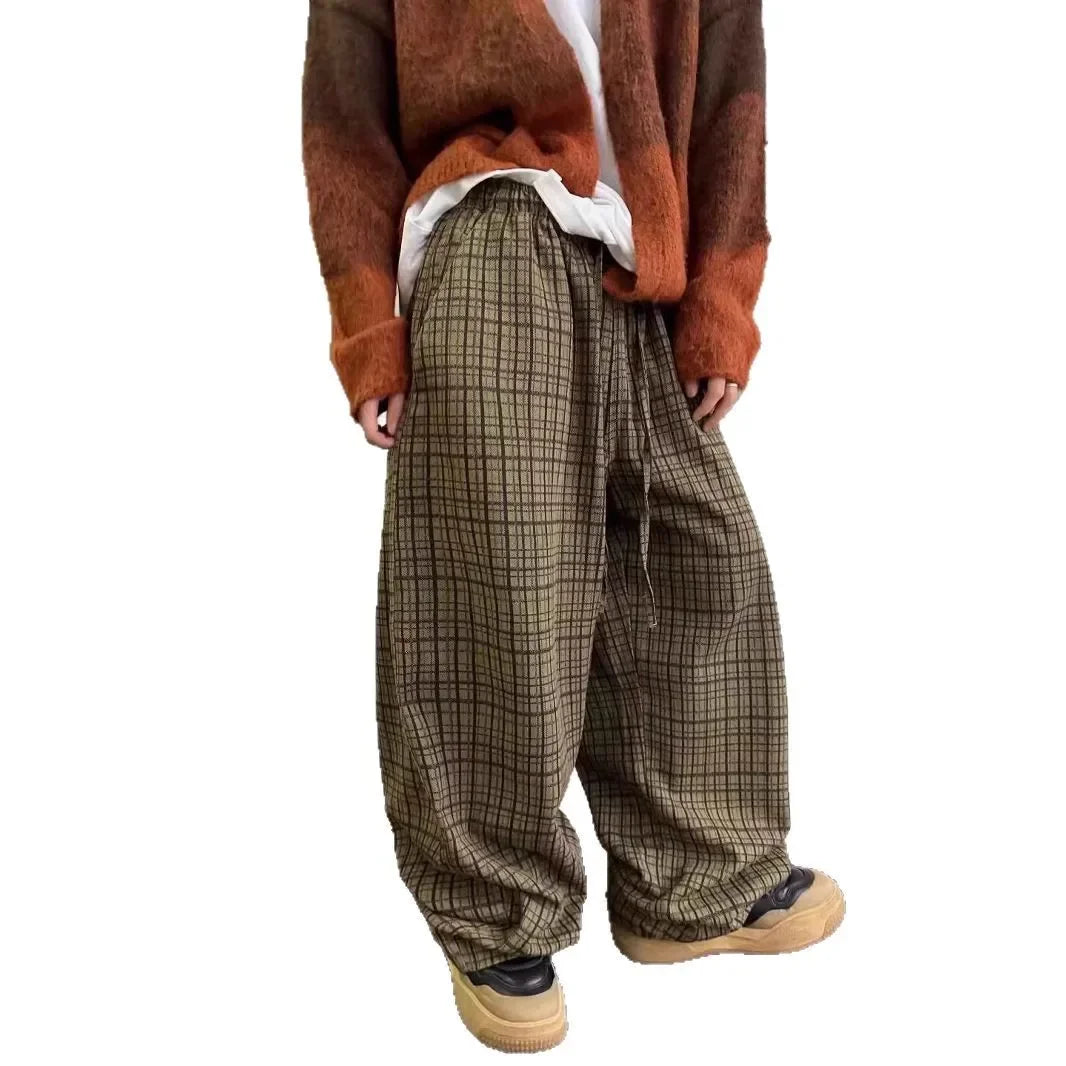 Loose Wide Leg Casual Pants Vintage Japanese Style Plaid Loose Trousers Drapey Floor-Length
