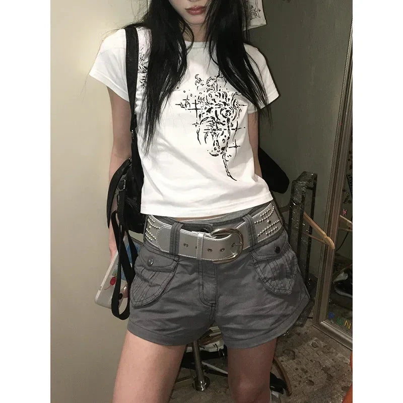 Hip Hop Pocket Y2K Harajuku Cargo Shorts American Retro Gray Streetwear 2000s Aesthetics Vintage Short Pants