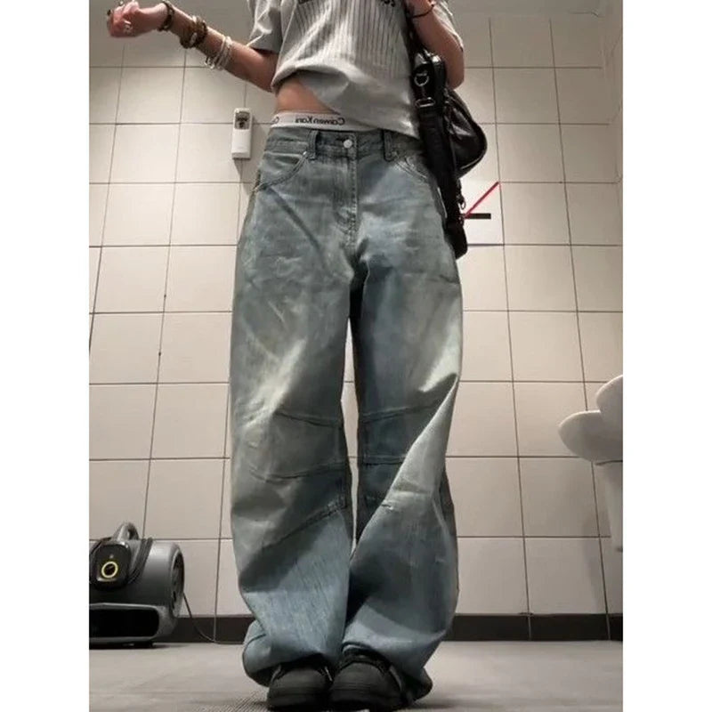 Korean Vintage Y2K 2000s Blue Washed Jeans Loose High Waisted Straight Leg Pants Clothing