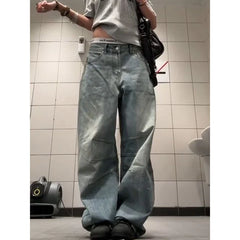 Korean Vintage Y2K 2000s Blue Washed Jeans Loose High Waisted Straight Leg Pants Clothing