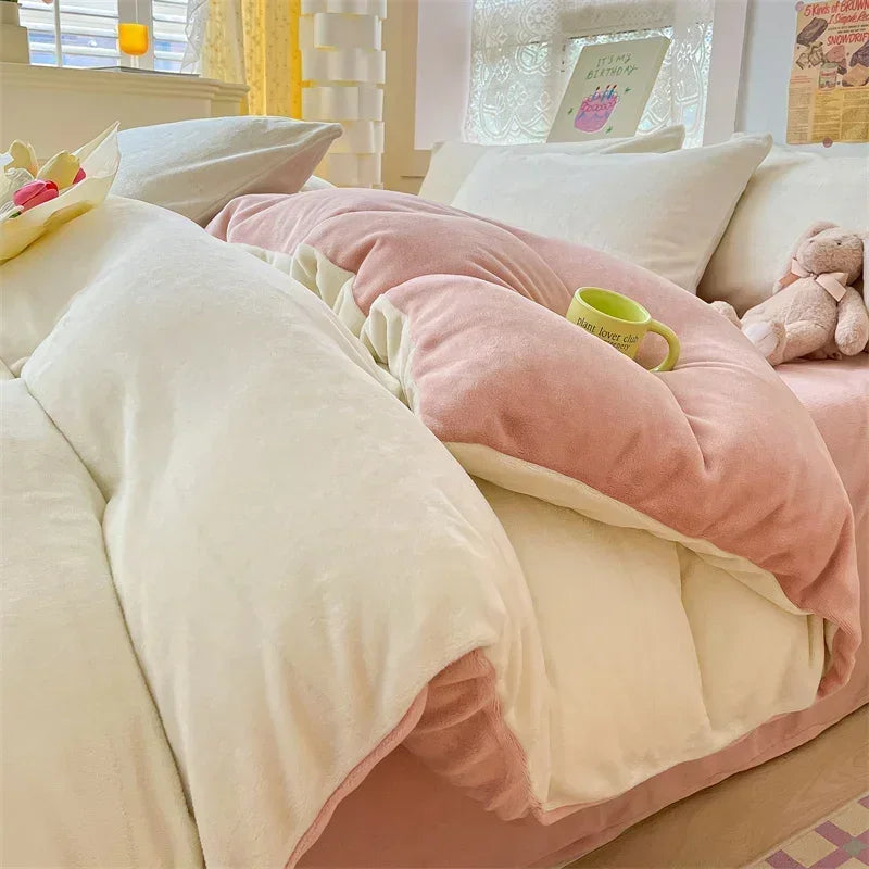 Simple Milk Fleece Warm Duvet Cover Set 220x240 Soft Fluffy Queen Bedding Set Plush Warmth Blanket Cover Sets Cozy