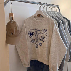 Korean Gray Embroidered Round Neck Short Sweatshirts Long Sleeves Vacation Pullovers Tops Casual Popular