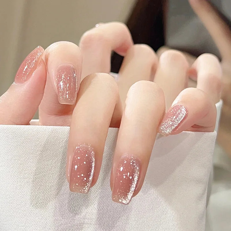 24Pcs Pink Cat Blue Love Cute Short Ballet Press on False Nails Sweet French Cat Eye Bow Star Designs Style Detachable Nails Set