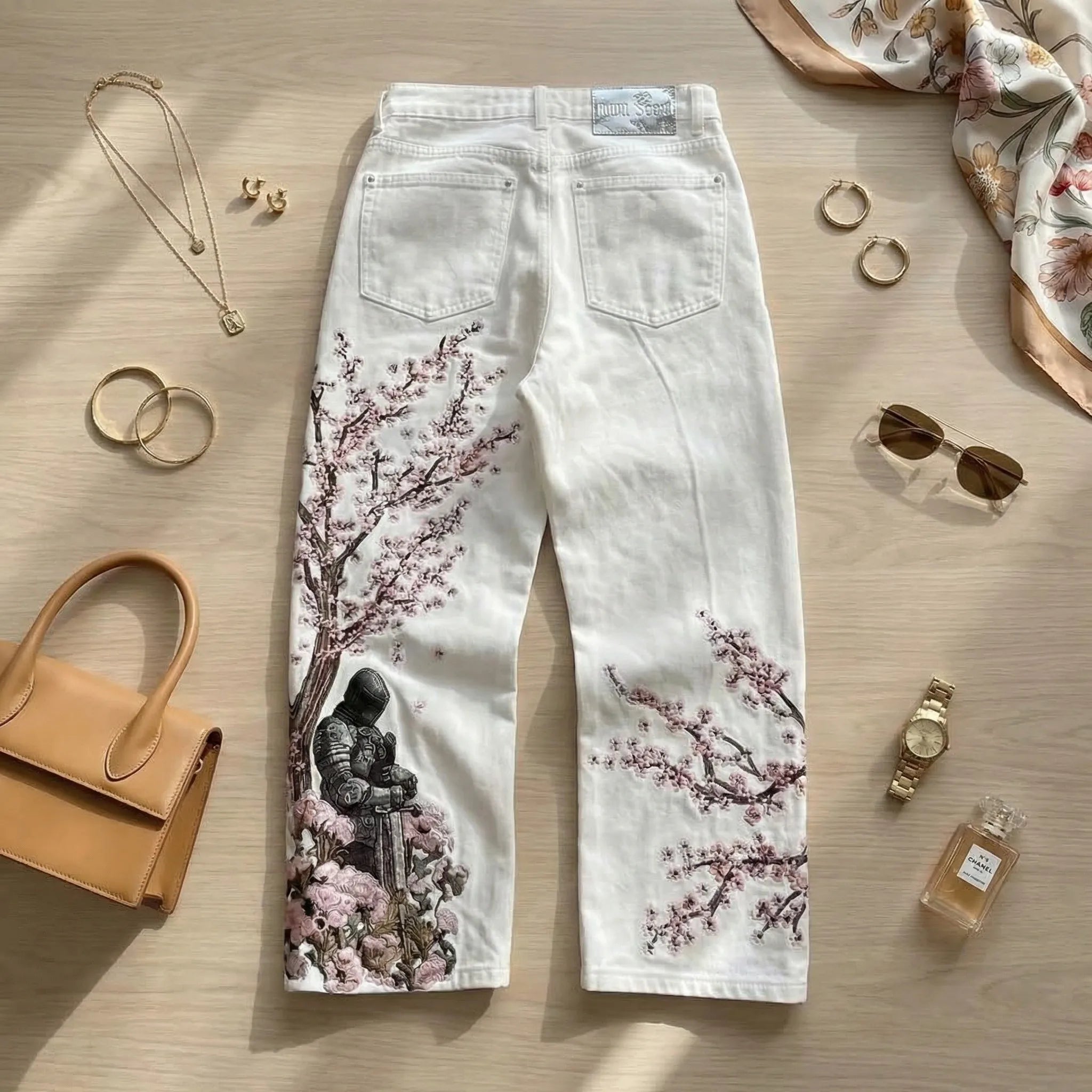 Unisex White Red Tribal Flame Print Loose Wide Leg Jeans Y2K Grunge Streetwear Oversized Denim Pants