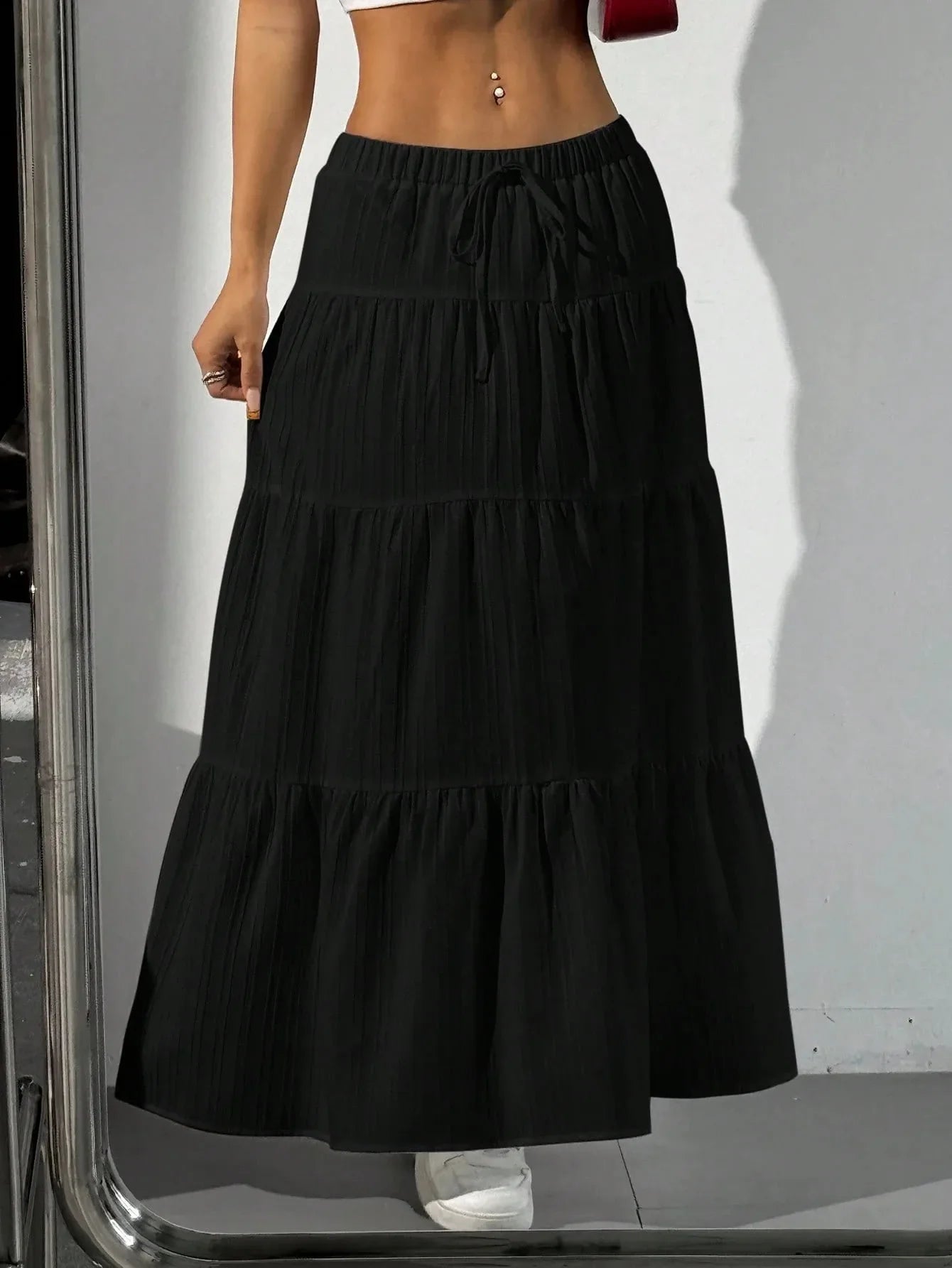 Loose Long Skirts White Solid Basic Lace Up Bow Cake Dress Casual Sweet Office Lady Clothes