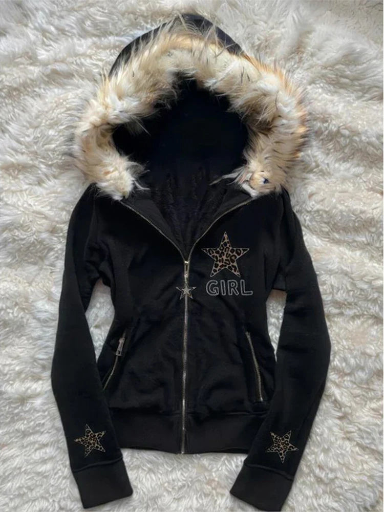 Vintage American Retro White Letter Hoodie Faux Fur Lined Zip Up Sweatshirt Cozy Pullover Streetwear new