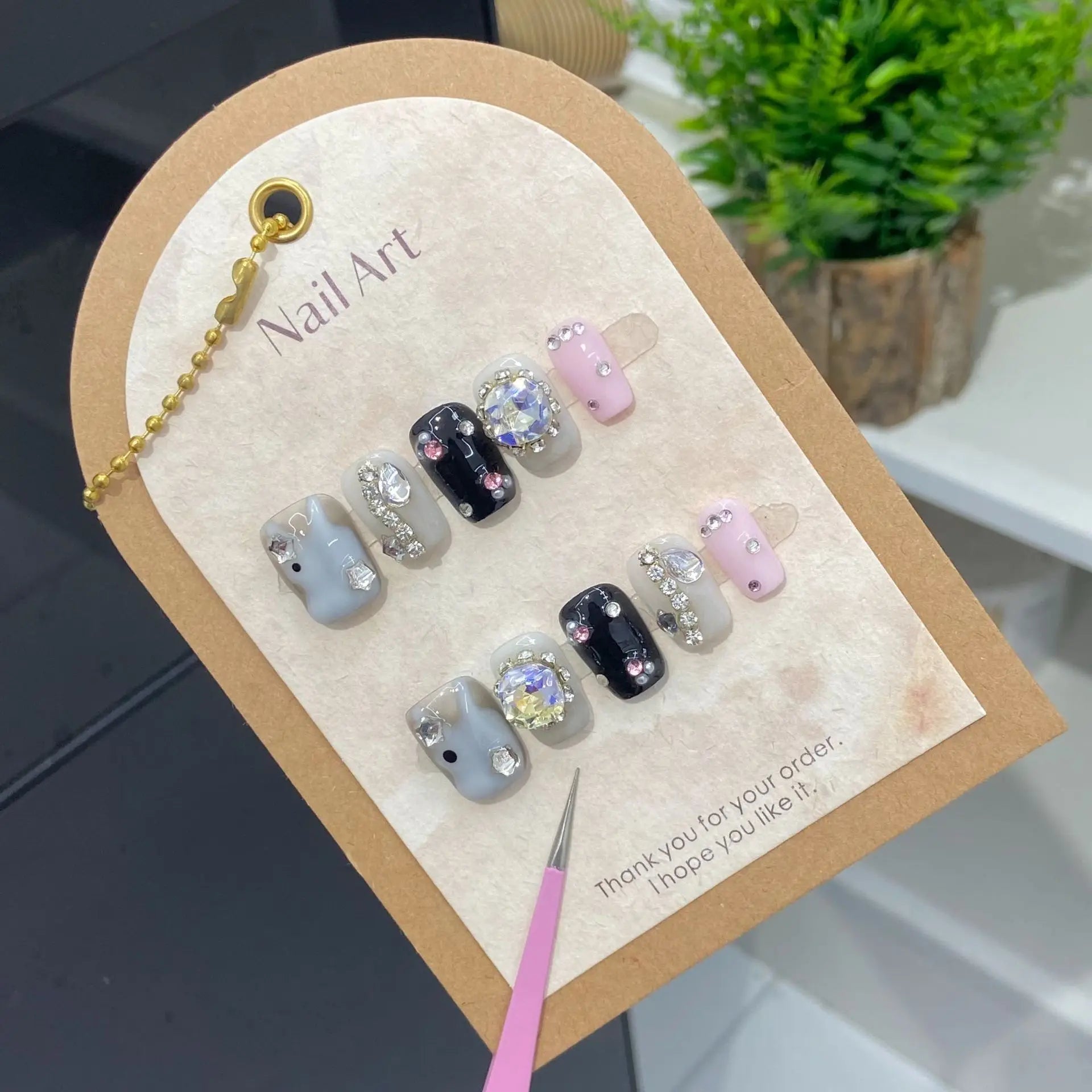 10Pcs Cute Handmade Press on Nails Short Korean Fake Nails with 3D Star Moon Nail Art Rhinestone Heart Artifical False Nails Art