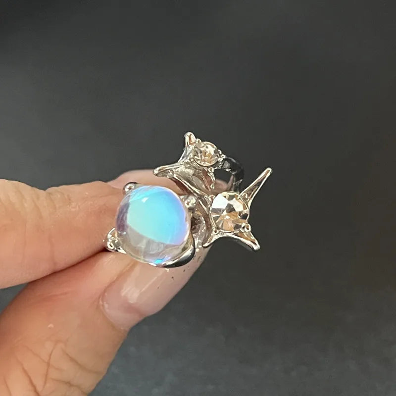 Y2K Crystal Rings Kpop Heart Adjustable Ring Irregular Geometry Punk Vintage Rings Set