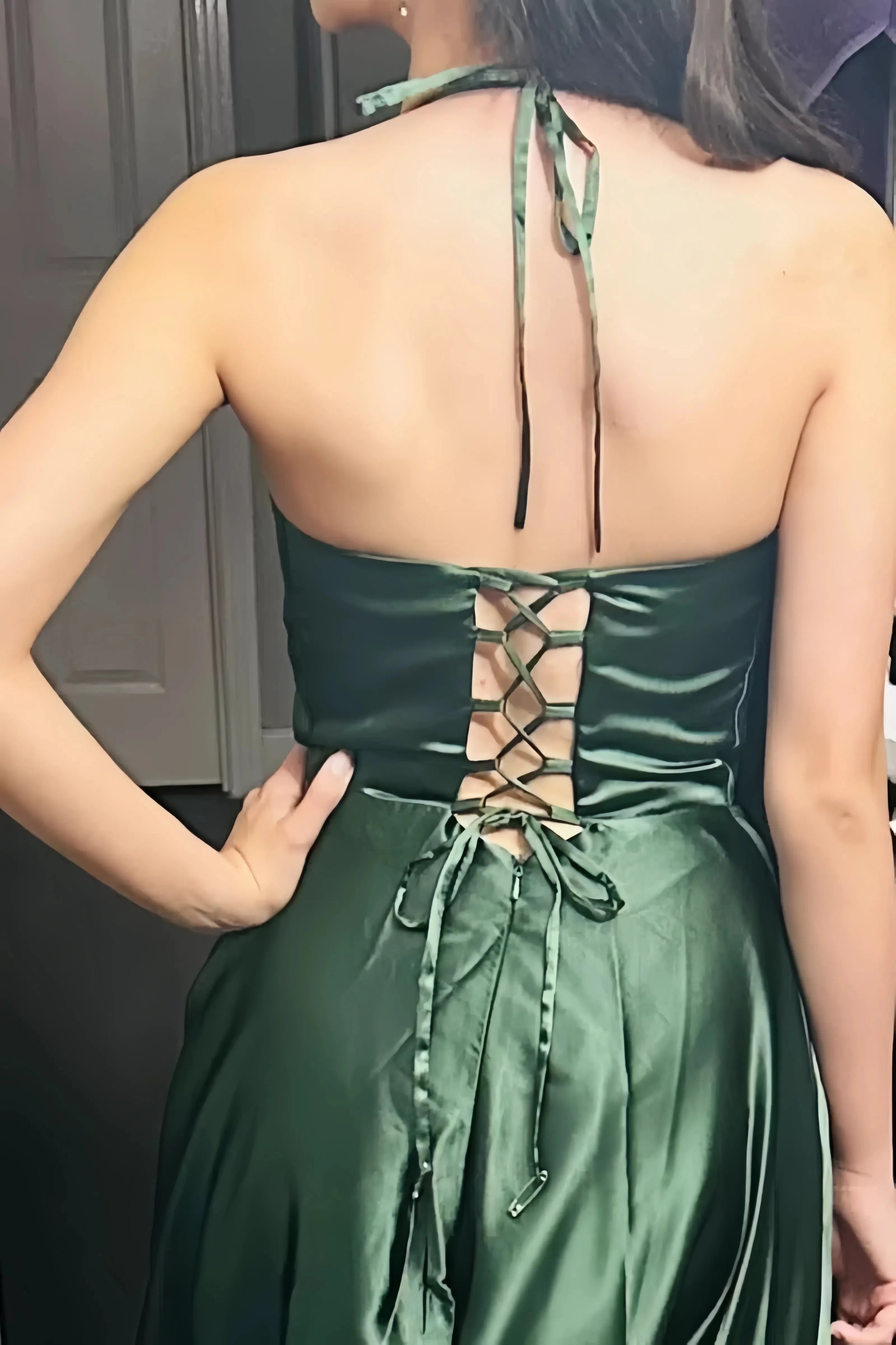 Satin Prom Dresses Pockets Draped Neck Long
