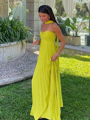 Strapless Ribbon Maxi Dress Elegant Sleeveless Backless Pleated Party Dresses Lady Evening Vestido