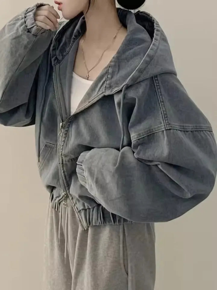 Short Denim Jacket Loose Long Sleeved Casual Fall Retro Zipper Design Hoodie Outerwear Versatile Outwear