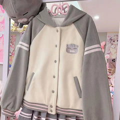 Japan Subculture Hooded Sweatshirt Single Breasted Long Sleeve Patchwork Coat Preppy Style Sweet Fall Casual Outwear