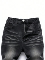 1 Piece of Four-Season Snowflake Washed Jeans, Stretch Slim Fit Light Gray Dark Black Casual Denim Pants, Normcore