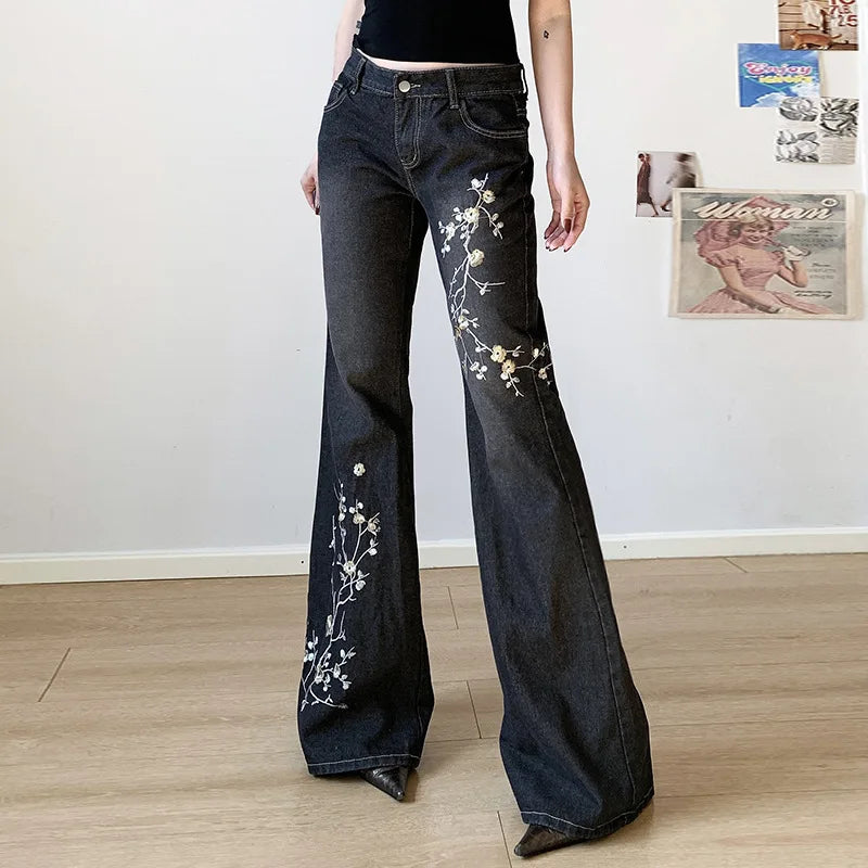 -Floral Embroidery Jeans Vintage 2000s Low Rise Flared Jeans Retro y2k Baggy Denim Pants High Street Basic Trousers