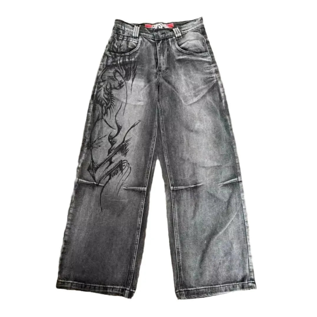 Mens Jeans Y2K Vintage Streetwear Black Gray Wide Leg Denim Pants Abstract Print Washed Distressed Loose Fit Dark Punk