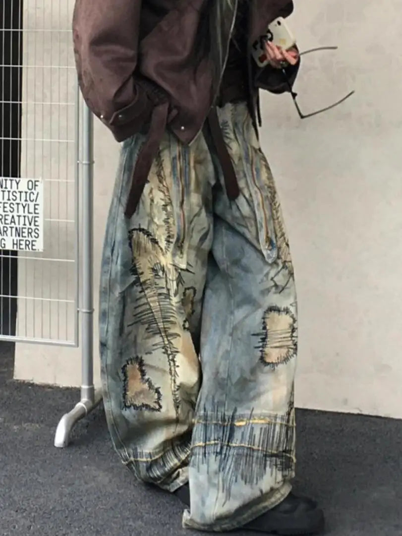 American Street Destruction Style Embroidered Denim Pants Oversized Retro Wash Personality Loose Casual Wide Leg Jeans