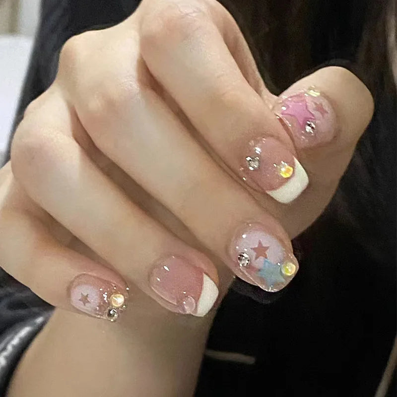 24Pcs Pink Cat Blue Love Cute Short Ballet Press on False Nails Sweet French Cat Eye Bow Star Designs Style Detachable Nails Set
