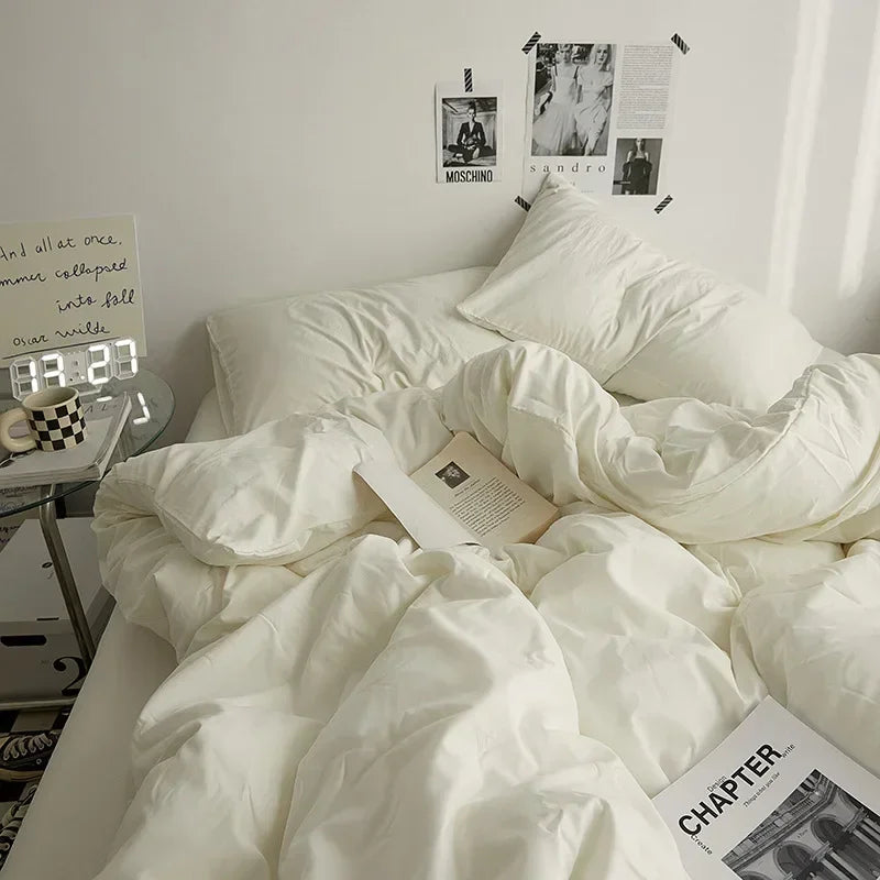 Solid Color Double Washed Cotton Bedding 4 Pieces Set Student Dormitory Bed Linen Duvet Set Bed Suit