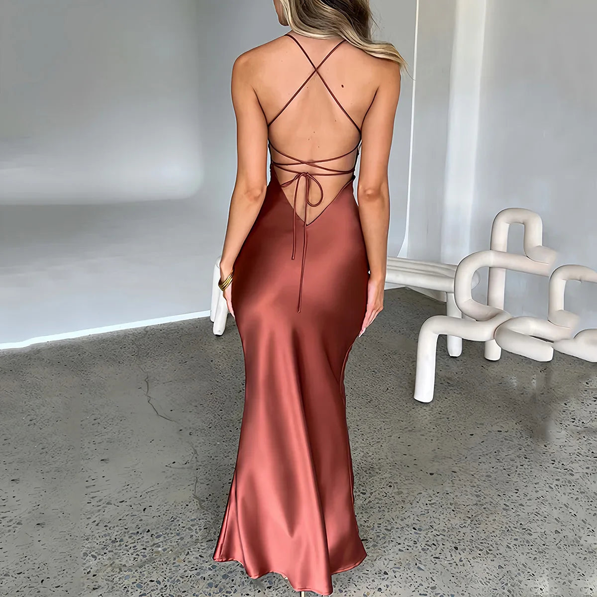 Satin Backless Lace Up Mermaid Slip Dress Sweetheart Neck Slim Bodycon Dresses Elegant Silk Gown Partywear