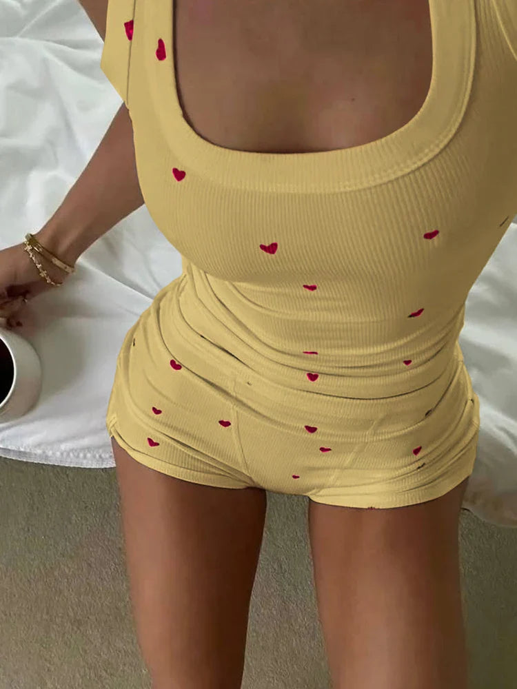 Nibber Comfortable Heart Print 2 Piece Set Square Collar Sleeveless Crop Tops+Stretch Shorts Sweet Girls Outfits