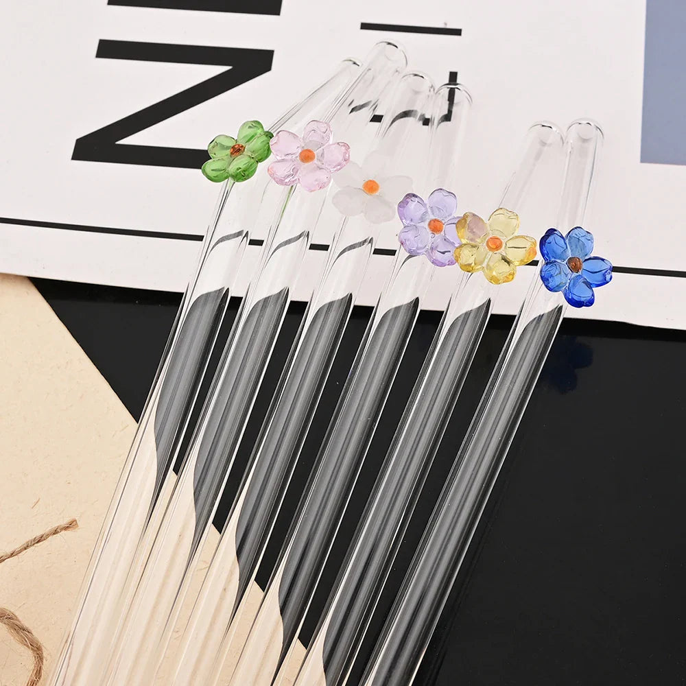 5Pcs 8mm Glass Straw Reusable Drinking Straws Cute Flower Heat-Resistant Straw
