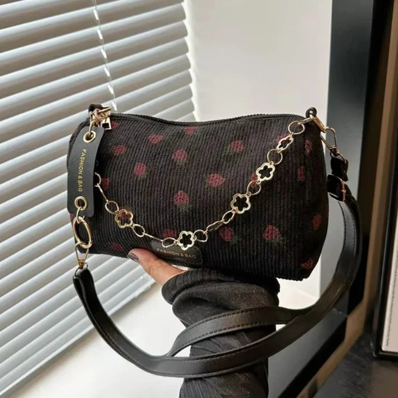 Small Underarm Bag Corduroy Handbag Cute Strawberry Print Little Tote Half Moon Design Eco Cloth Purse Mini Shoulder Bags