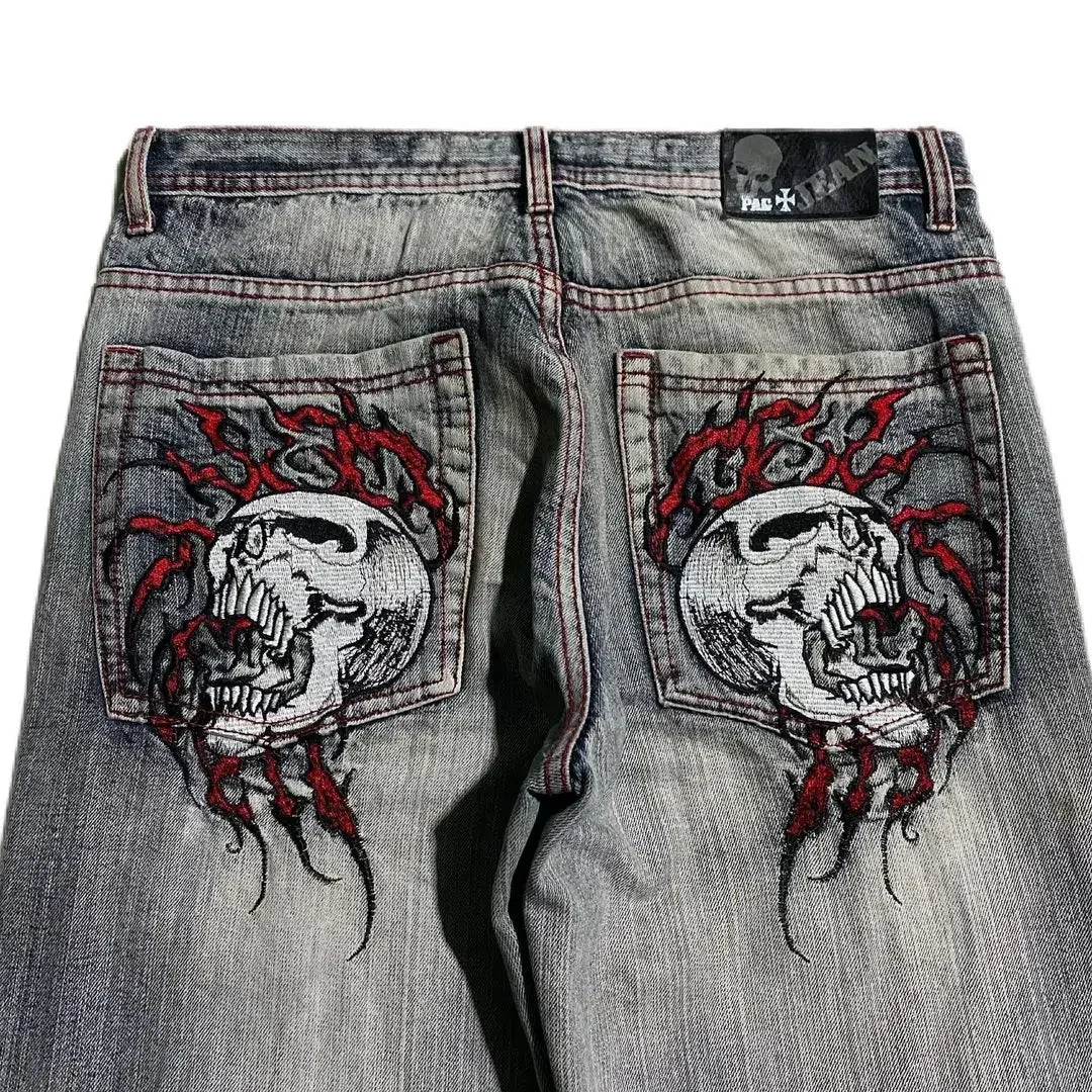 Streetwear Retro Jeans Y2k Gothic Pattern Embroidered Brown Loose Jeanss