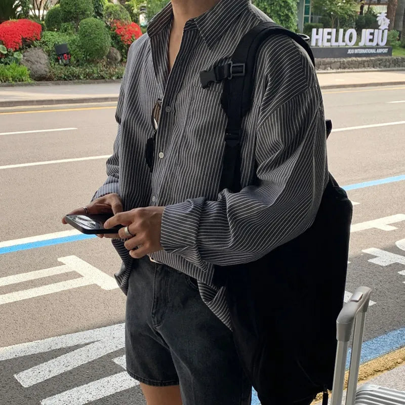 Blue Vertical Striped Long-Sleeved Shirt, Korean Style Casual Shirt Coat