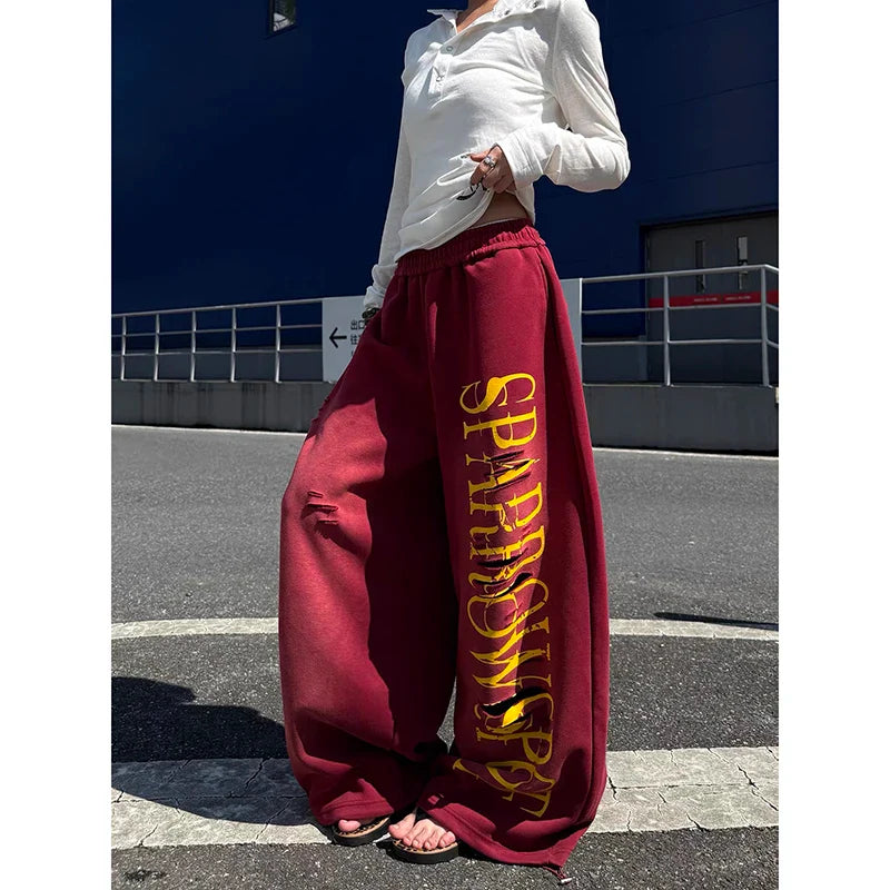 Red Baggy Letter Print Ripped Sweatpants Oversize Dance Pants Harajuku Vintage Y2k Wide Trousers
