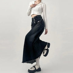 High-waisted Cargo Denim Skirt Long A-line Mid-length Skirt Retro Raw Edge Y2k Clothing Korean Style