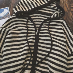 Oversized Knitted Striped Hooded Cardigan Loose Casual Zipper Sweaters Versatile Knitting Outerwear