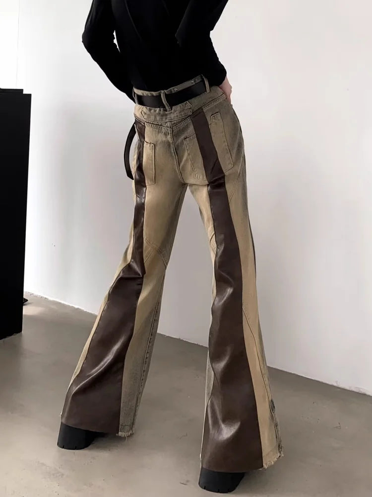 Trashy Y2K 2000S Pu Leather Patchwork Slim Flare Jeans Pants